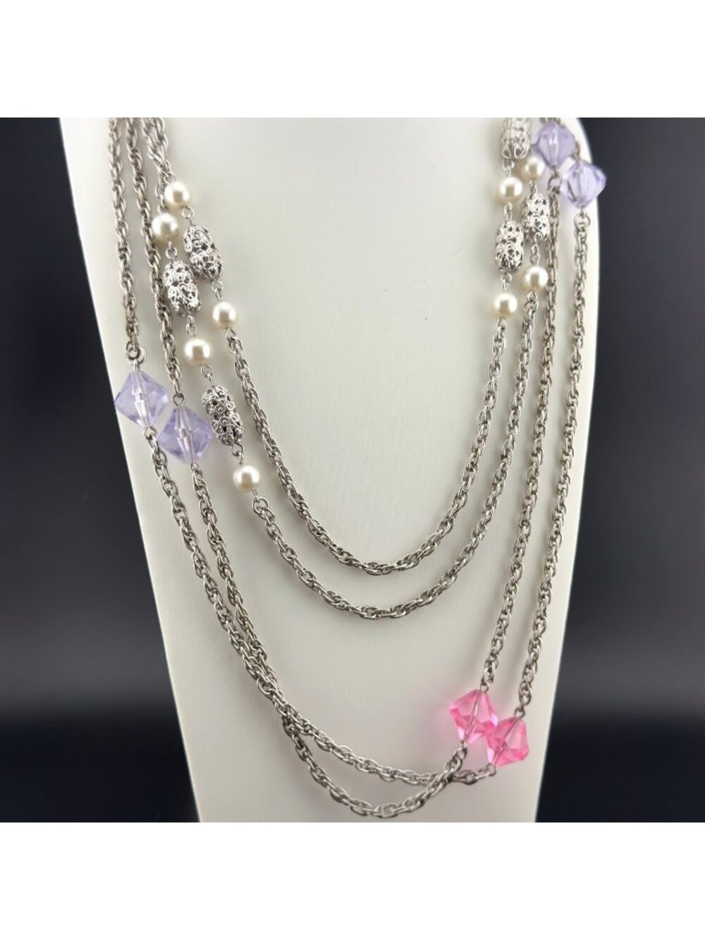 Vintage Sarah Coventry Multi Strand Necklace Set Faux Pearls Silver Tone 48 inch